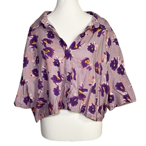 Open Edit Tops - Open Edit Purple Floral Cropped Button Down Short Sleeve Women's Top